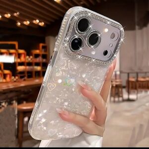 iPhone 13 Pro White Iridescent Heart Jewelled Clear Glossy Fitted Case Cover
